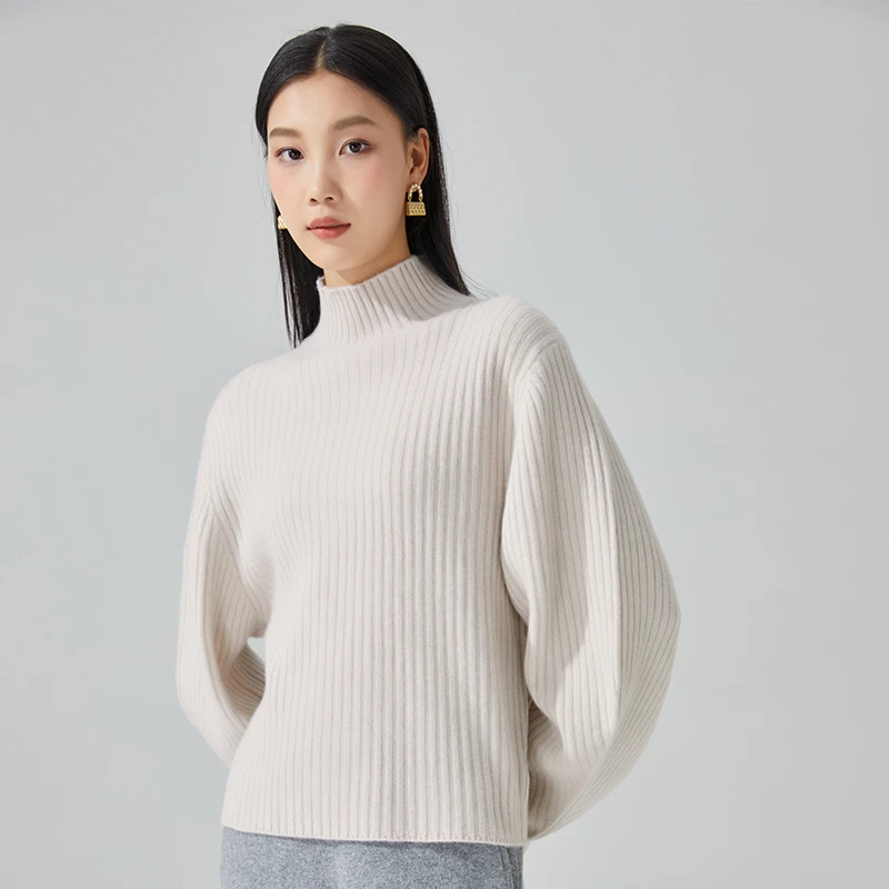 东黎 小山羊绒 马尔代夫阳光 女士针织香蕉袖半高领羊绒衫3395