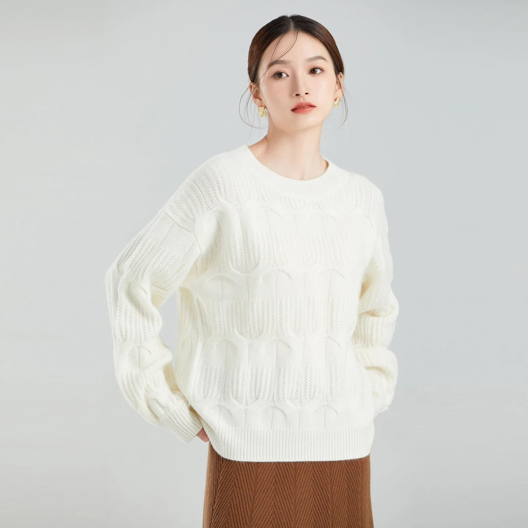 （达人）东黎 山羊绒 女士秋冬春季针织圆领重工绞花套头 21S44