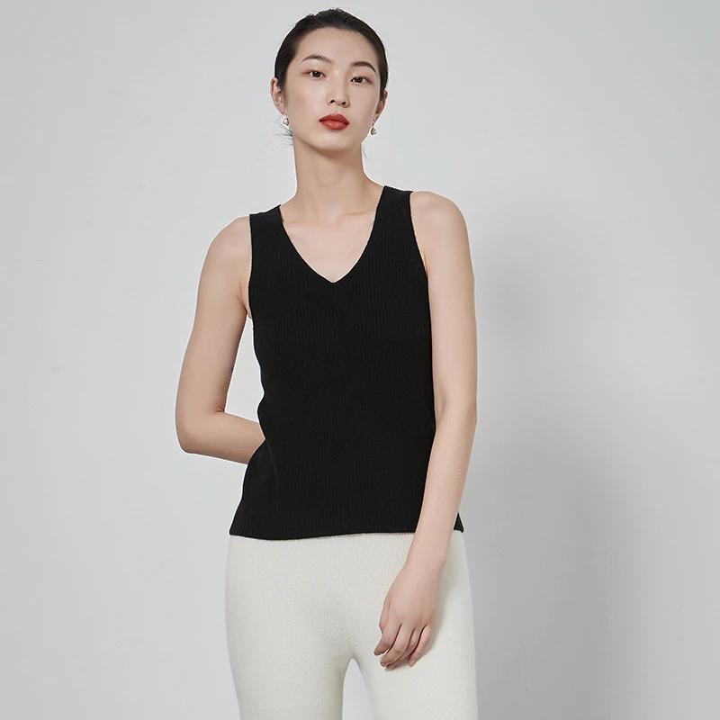 山羊绒 东黎羊绒 女士秋冬针织V领羊绒背心抽条纯色百搭简约款