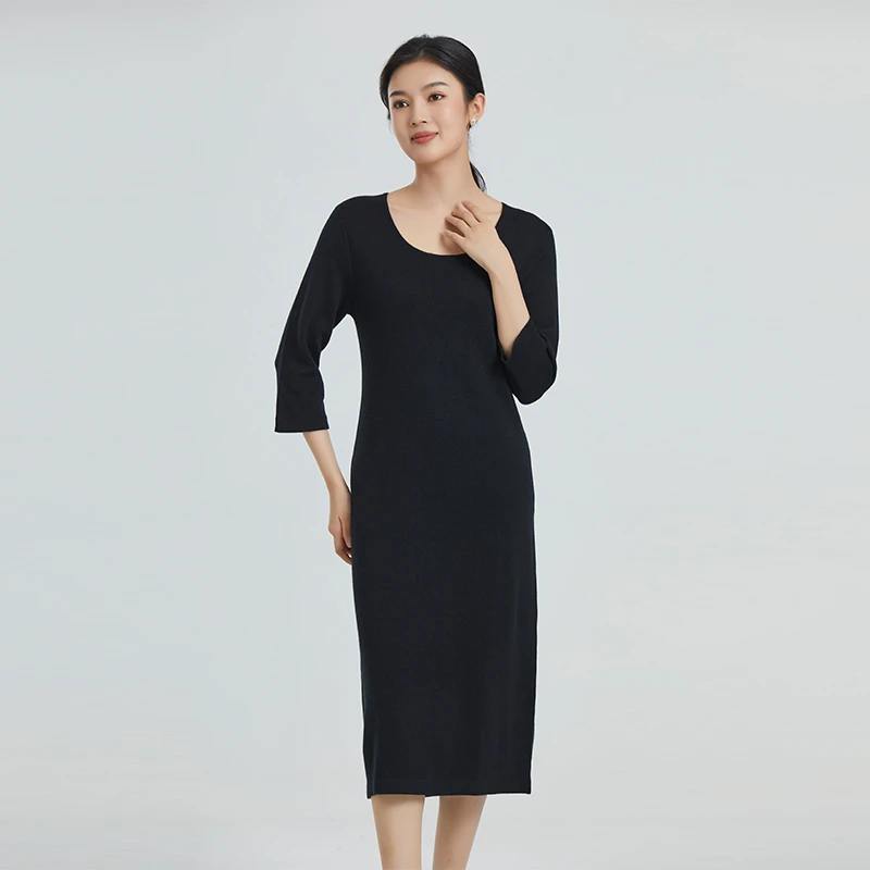 东黎 桑蚕丝山羊绒 女士秋冬针织黑色连衣裙气质圆领简约3288
