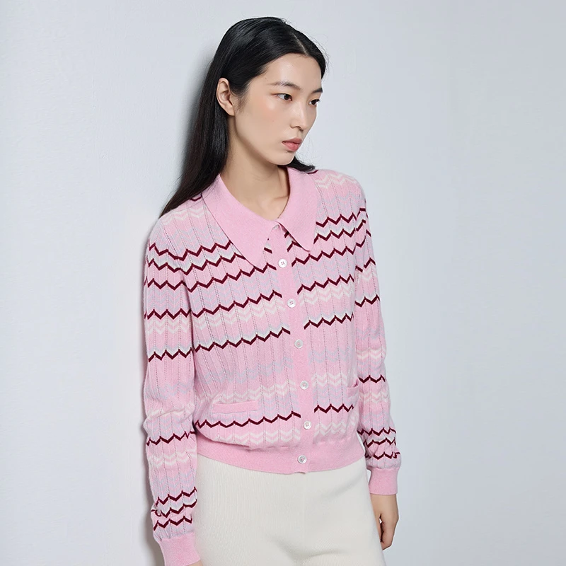山羊绒 东黎羊绒 女士粗纺彩条挑孔翻领短袖开衫秋冬秋季提花条纹