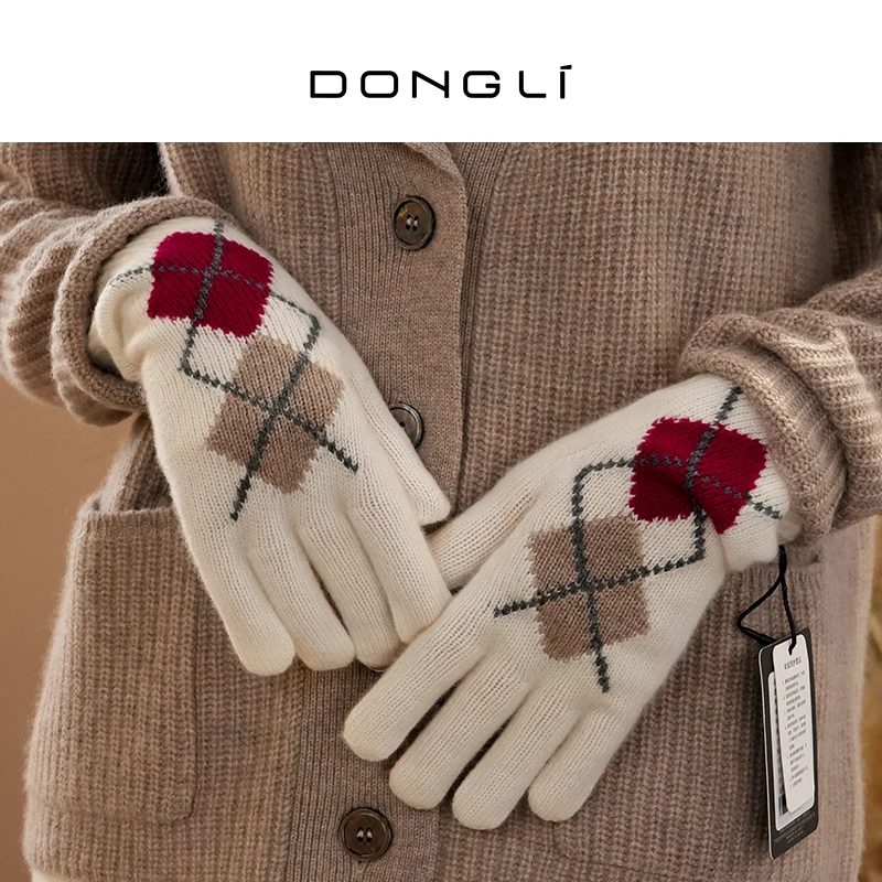 山羊绒 女士秋冬针织羊绒手套复古菱形格