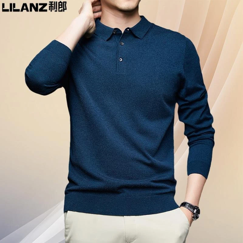 利郞男士羊毛衫冬季新款翻领长袖polo衫宽松纯色毛衣男休闲针织衫