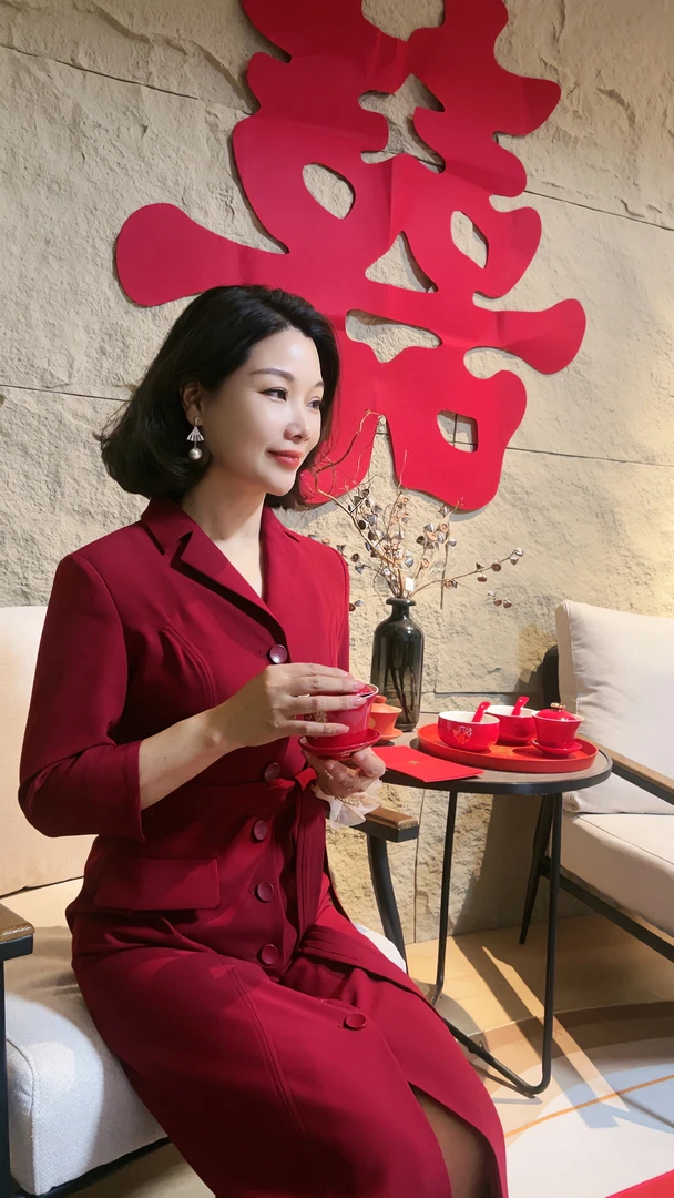 0076结婚气质喜妈妈喜婆婆喜庆礼服风衣大气轻奢婚礼酒红色