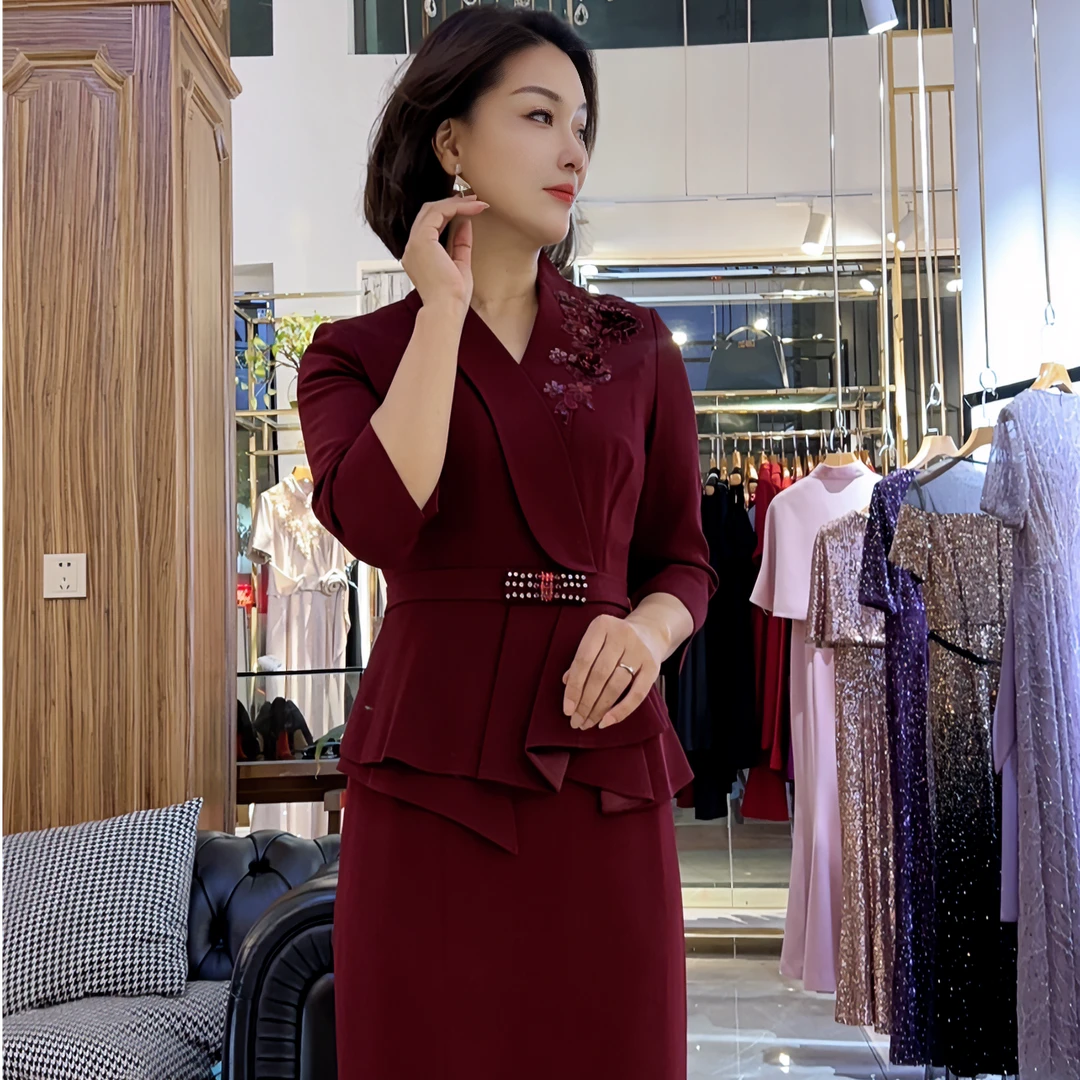 Y1233-喜妈妈女装连衣裙显瘦气质长袖时尚设计师婚礼连衣裙轻奢