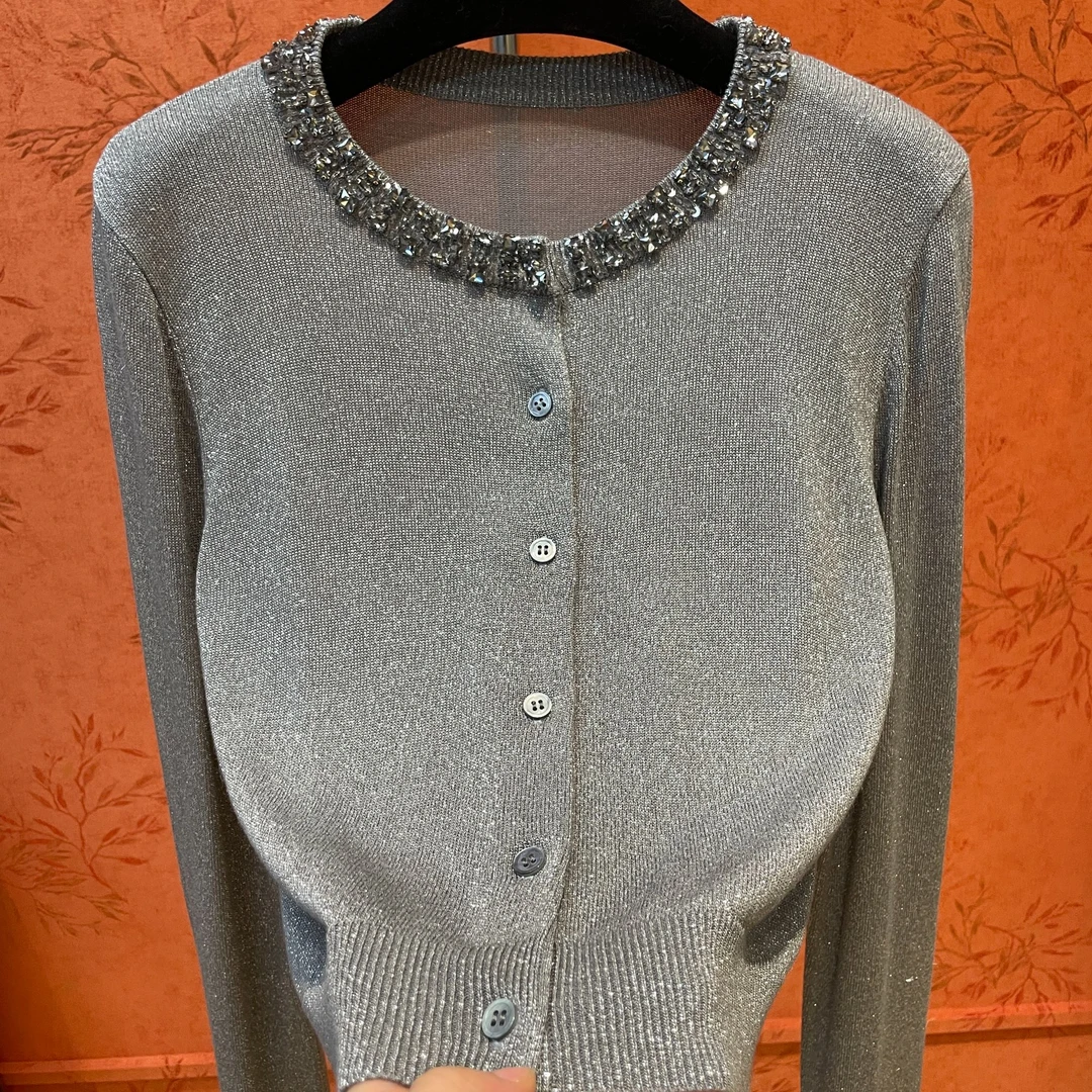 <猪猪出品>秋冬上新长袖开衫灰色重工圆领百搭羊绒显瘦法式120