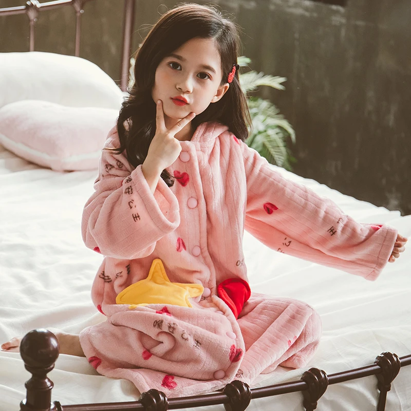 女童珊瑚绒睡衣儿童法兰绒睡裙女孩睡袍宝宝秋冬公主长款家居服