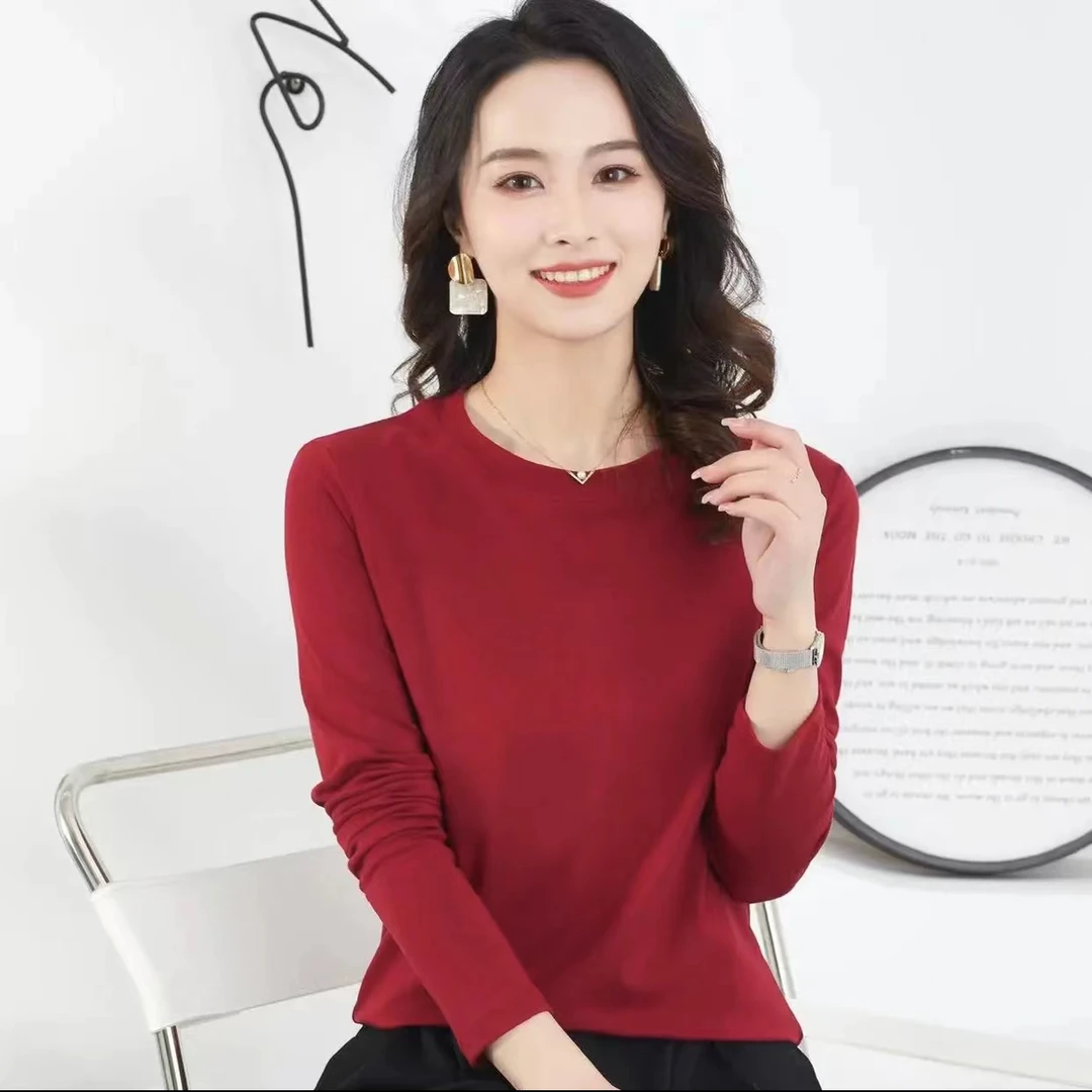 秋冬赛罗弹力棉打底衫T恤百搭显瘦内搭纯色大码圆领长袖女8032