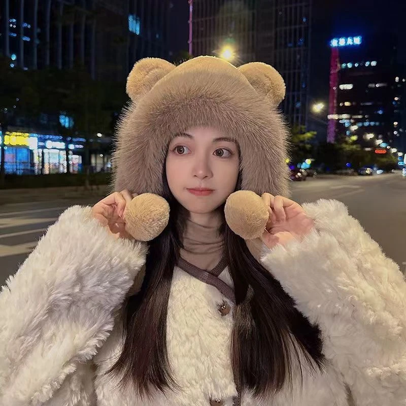韩版卡通小熊毛绒帽子仿兔毛女秋冬款加绒加厚骑车保暖护耳包头帽