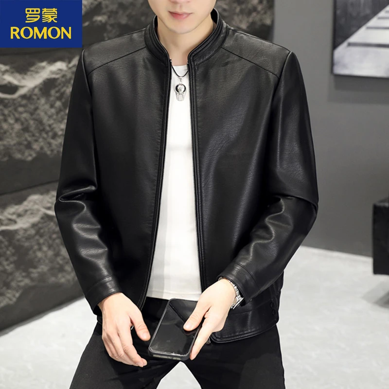 Romon/罗蒙男士皮衣立领中青年休闲时尚秋冬加绒加厚皮夹克