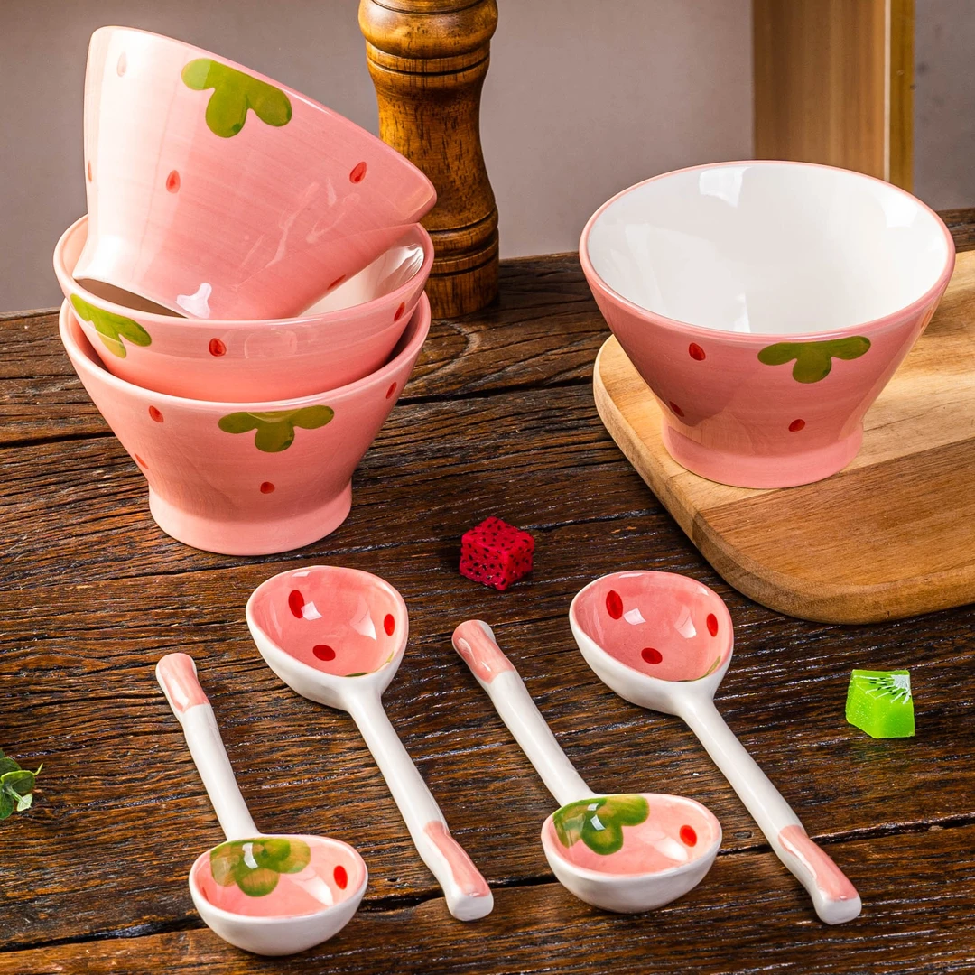 【4碗4勺】釉下彩陶瓷碗草莓米饭碗斗笠碗甜品勺子家用少女心餐具