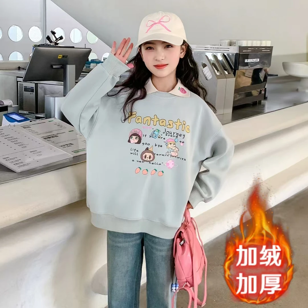【现货】秋冬奥利绒女童polo领卫衣卡通学院中大童加绒加厚上衣