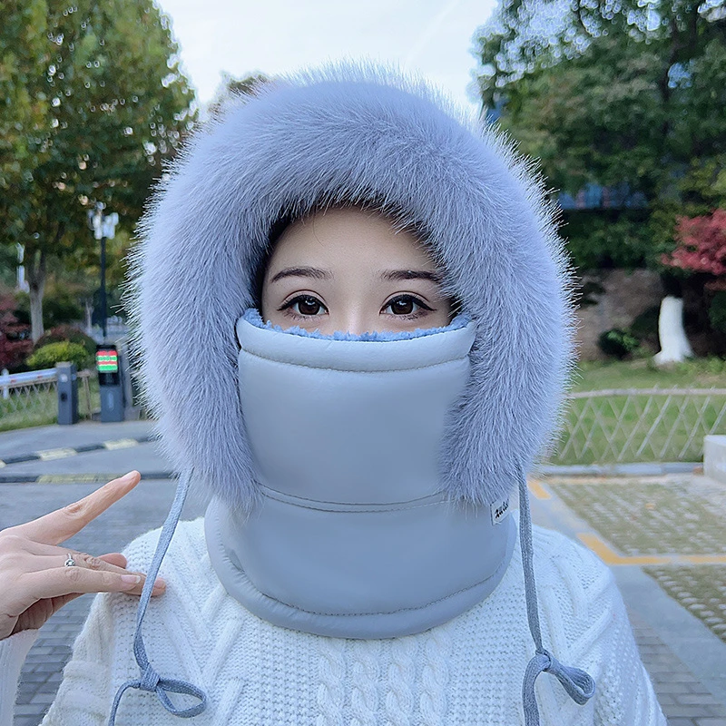 2024款防风面罩围脖一体帽子女士冬季加绒骑车滑雪护脸防寒保暖帽