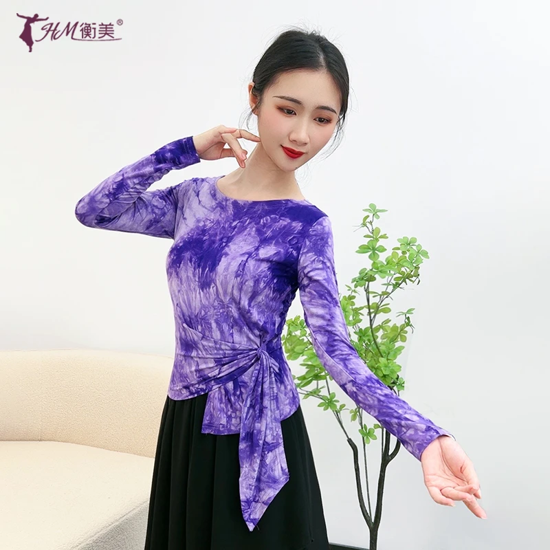 新款古典舞现代舞服装系带收腰显瘦长袖练功服扎染国风成人女上衣