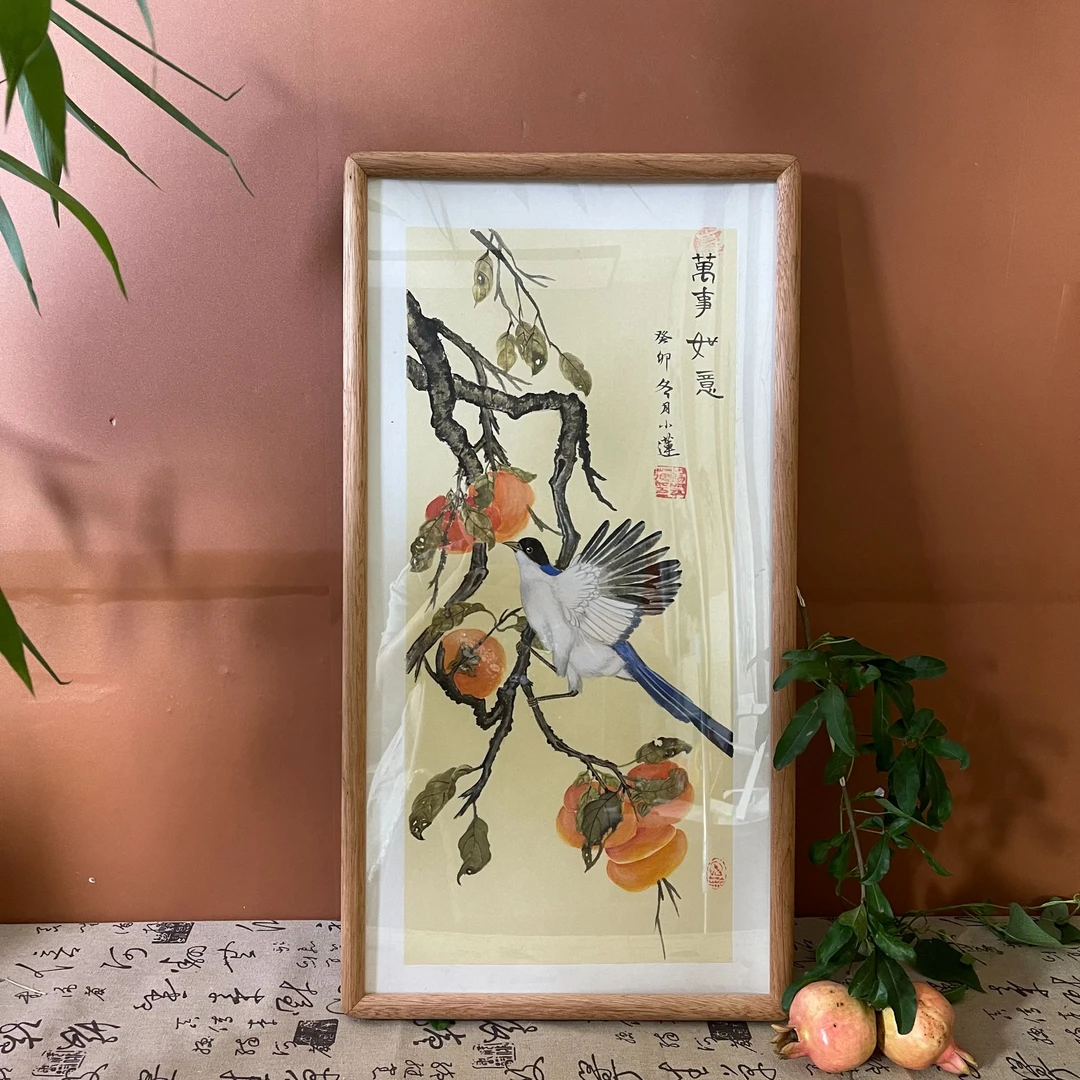 【万事如意】实木榫卯相框挂画新中式手绘国画装饰画 36*69cm 小莲