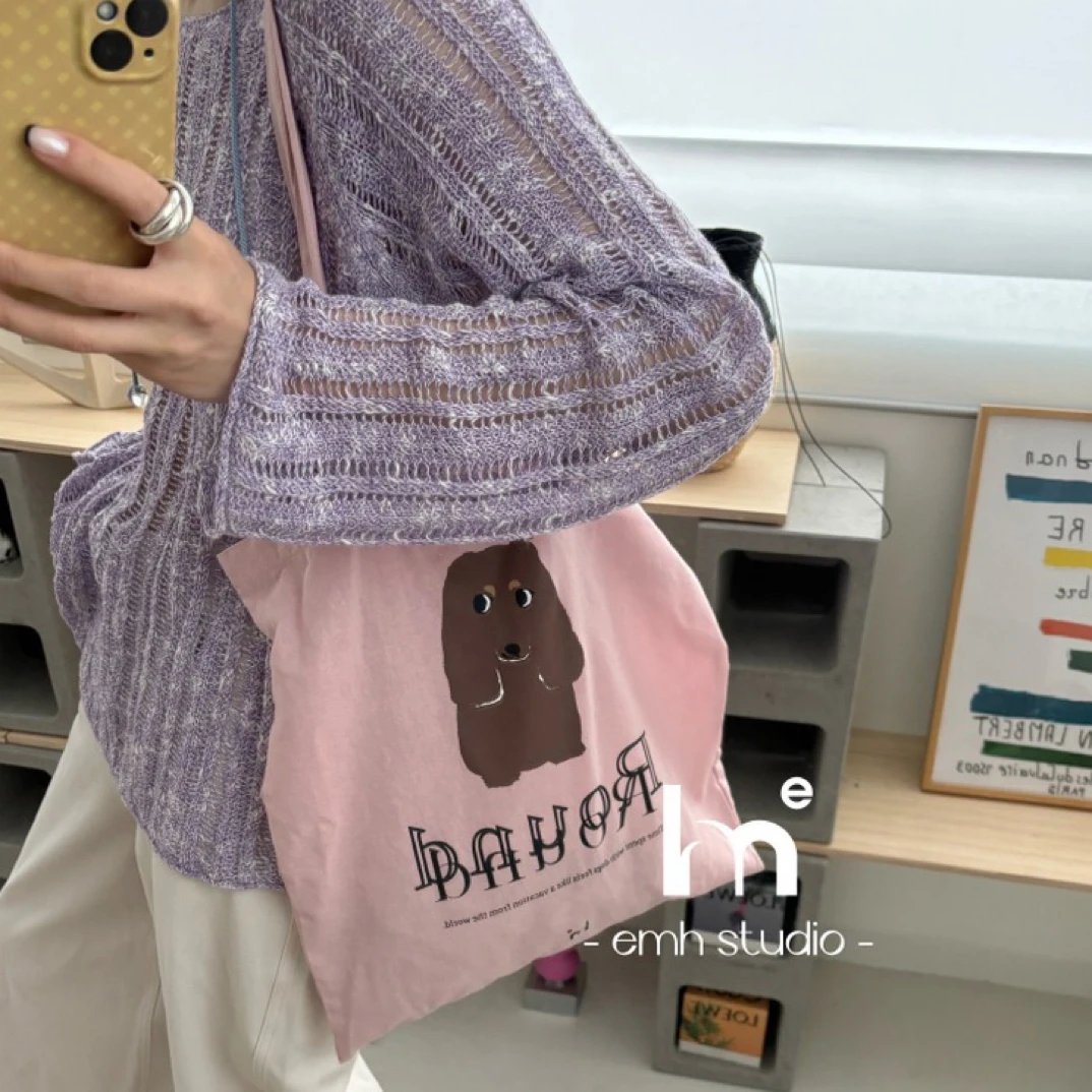 【小葵宠粉专属】 Zssz小众女原创手绘小狗印花单肩手提帆布袋薄款