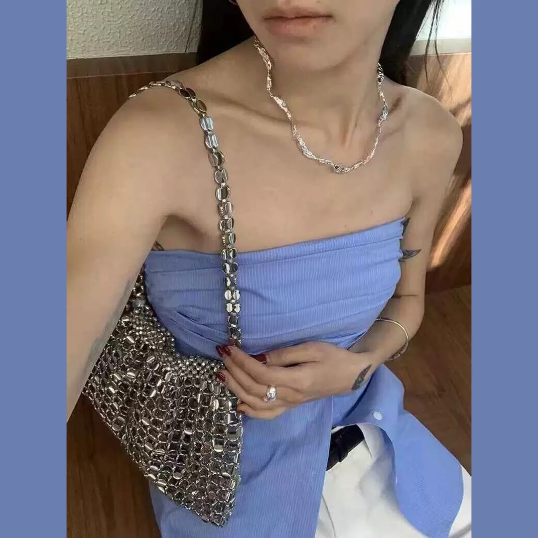 [粉丝专属]Zssz小众女包设计感镂空手工编织串珠单肩腋下包蓝色