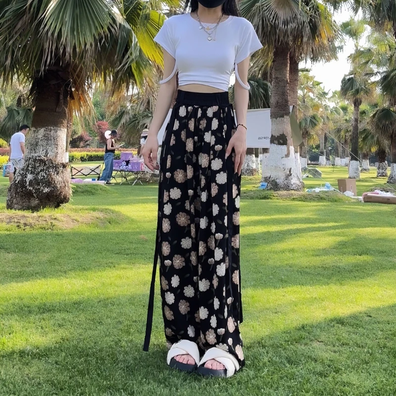 (小雏菊)夏季冰丝雪纺阔腿裤女薄款休闲飘带垂感直筒拖地裤