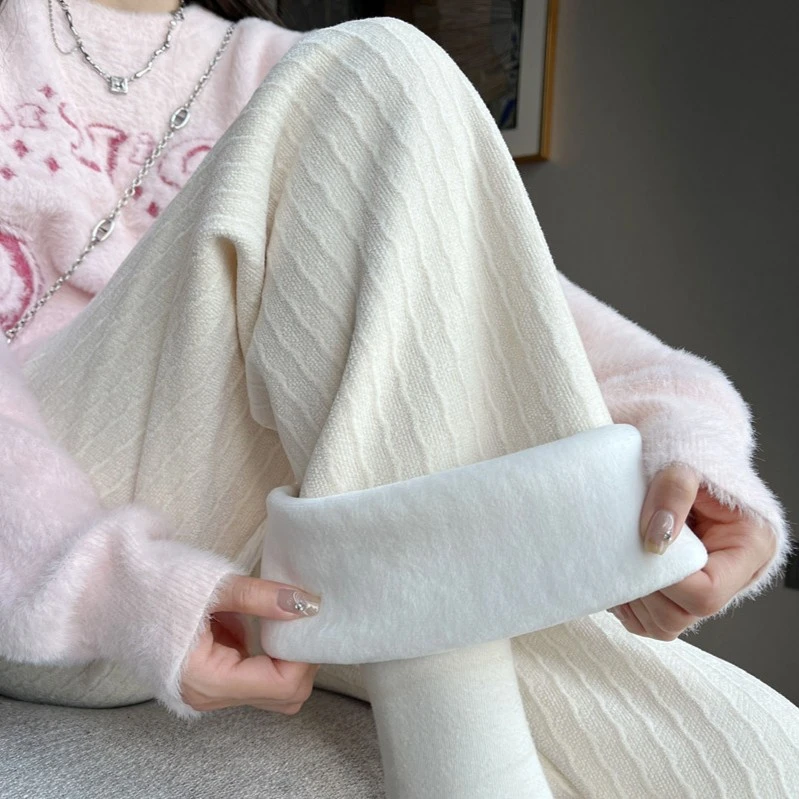 雪尼尔甜筒裤~阔腿裤女冬季高腰白色加绒垂感直筒高个子休闲女裤