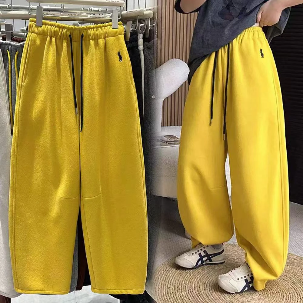 【静儿同款】加绒加厚小马刺绣休闲裤女秋冬新款高腰宽松显瘦百搭