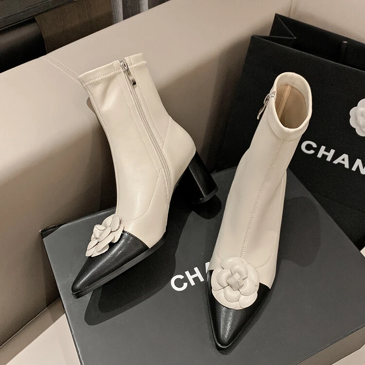 小香风山茶花尖头高跟短靴女2025秋冬新款法式真皮加绒弹力瘦瘦靴