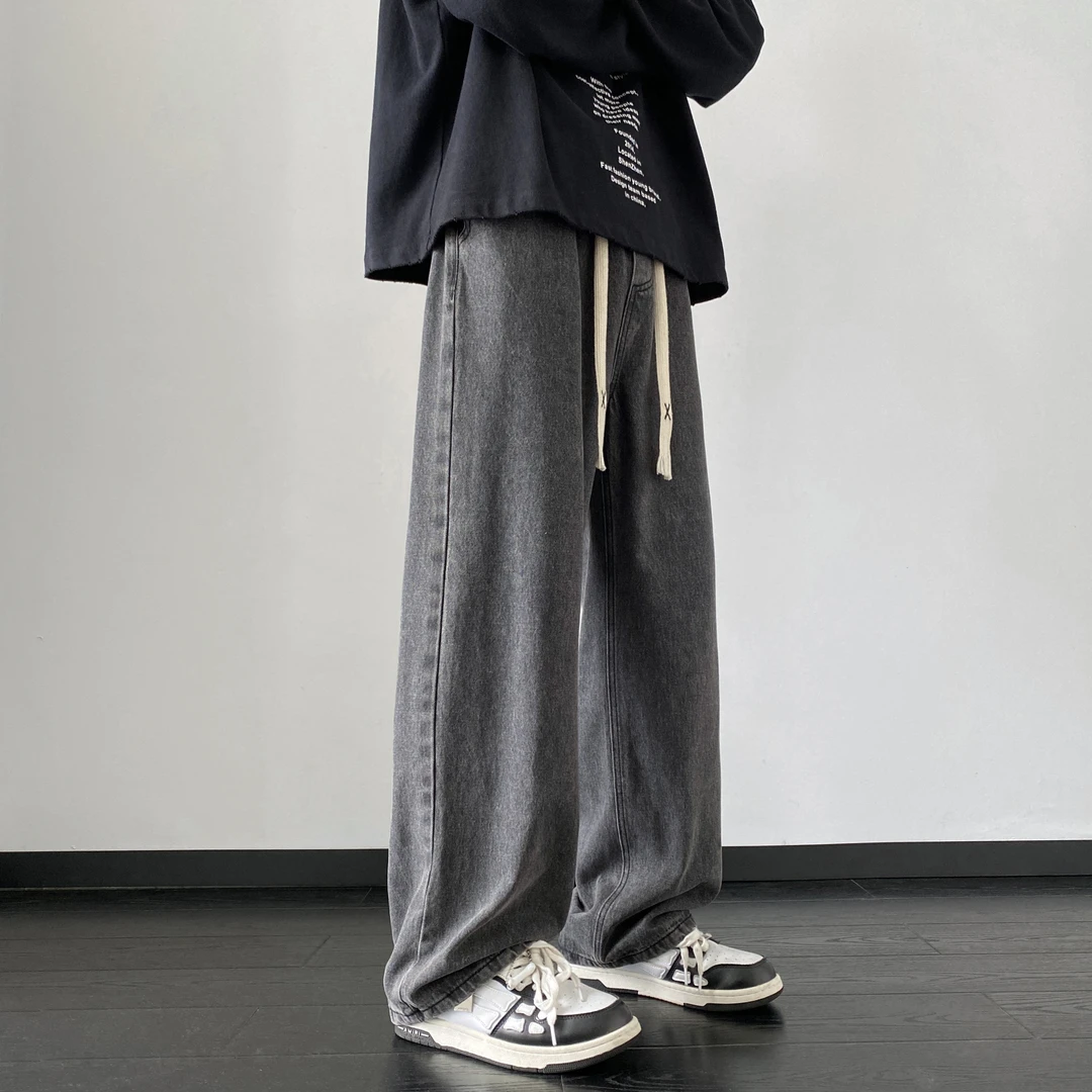 美式高街牛仔裤男春秋新款直筒宽松潮牌阔腿裤男士黑色休闲长裤子