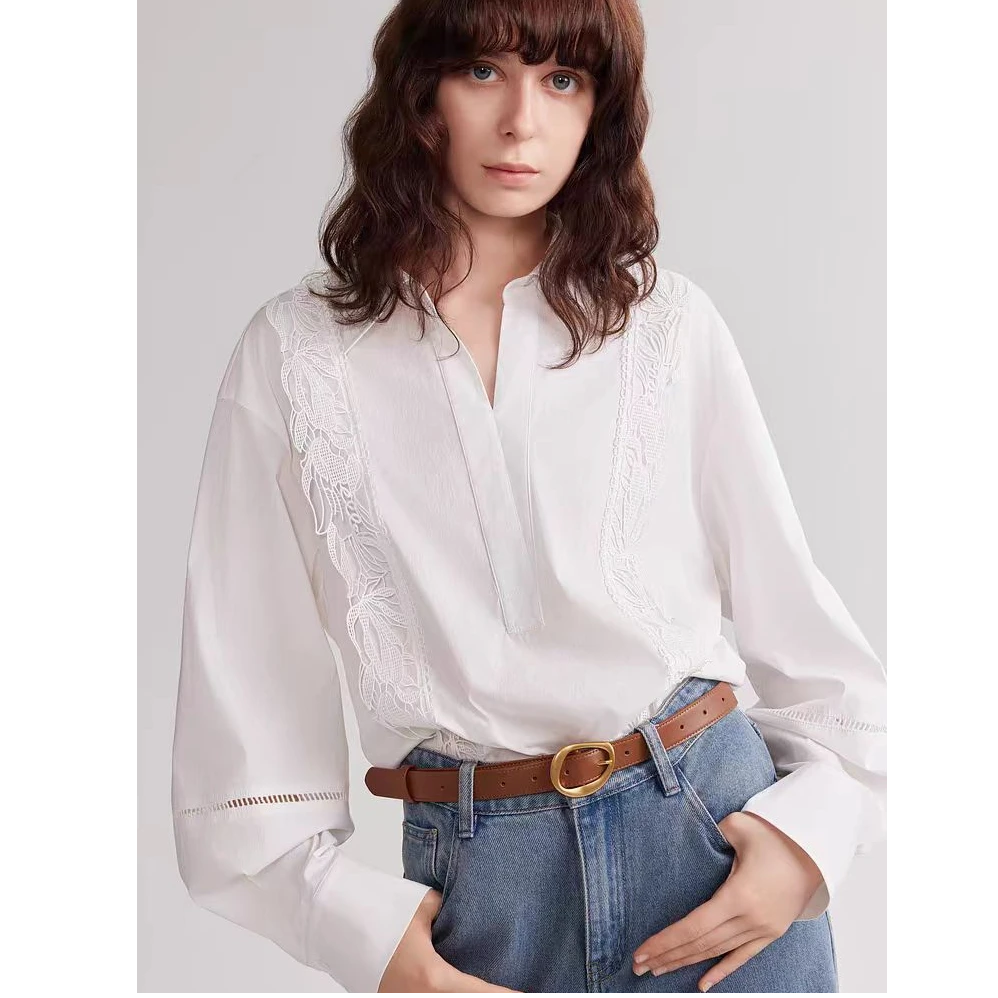 5291法式白色镂空绣花简约衬衫女2024秋季宽松别致气质小衫衬衣