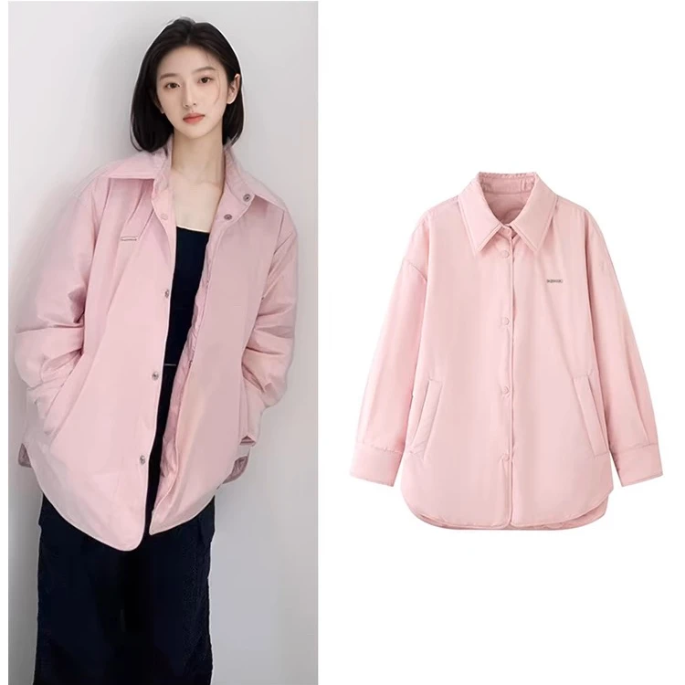 5878时尚纯色鸭绒羽绒服外套女2024冬季保暖宽松衬衫式羽绒服