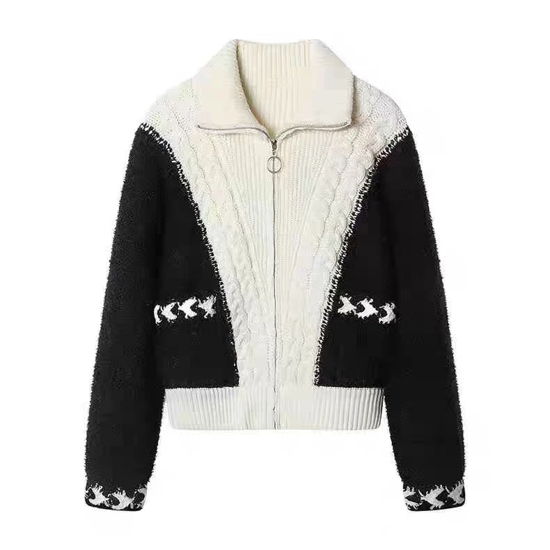 5618杨幂同款黑白拼接拉链针织毛衣开衫外套女2024秋季针织上衣