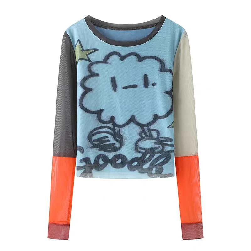 6465卡通涂鸦拼接撞色网纱长袖T恤女修身显瘦薄款防晒衣皮肤衣