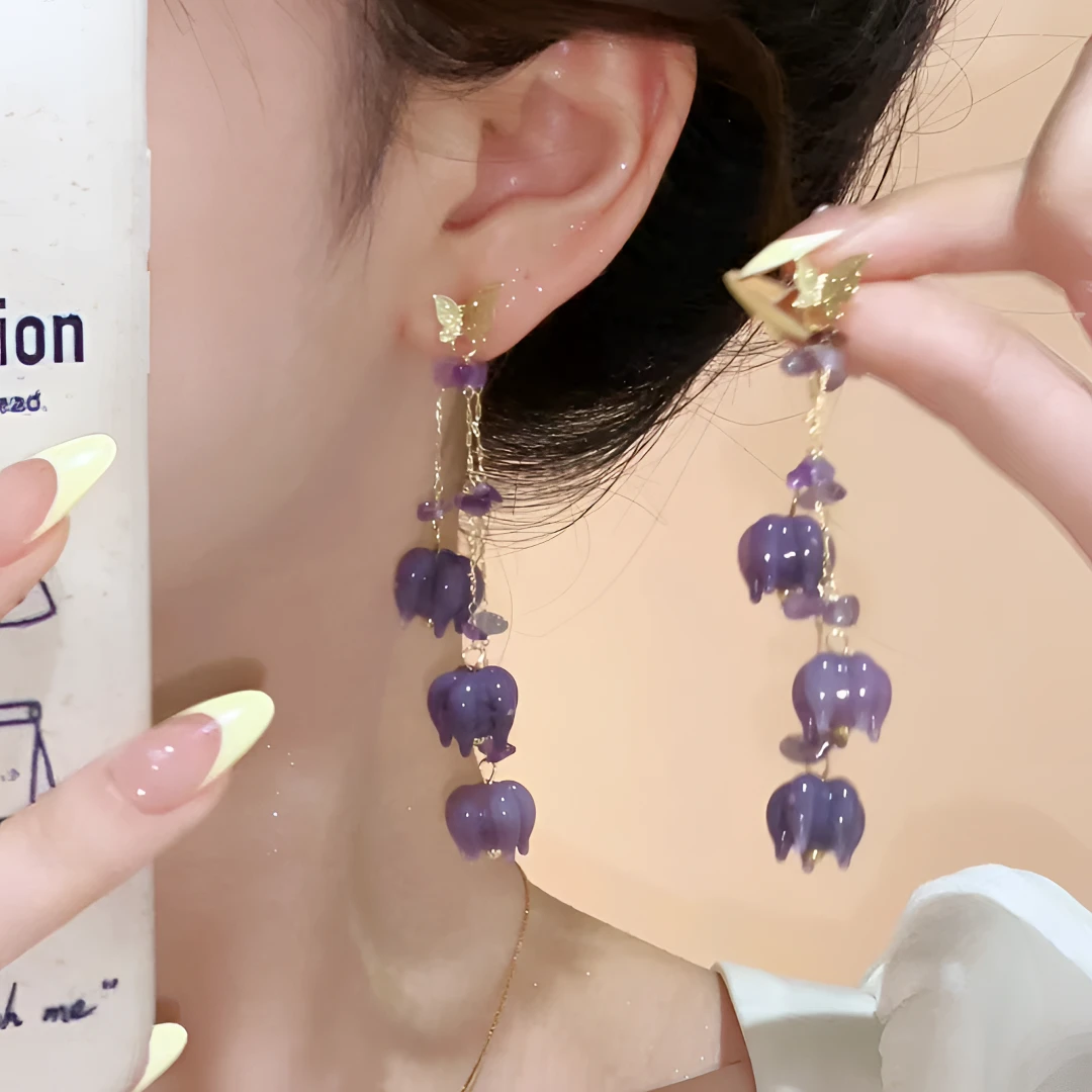 合金耳饰 温柔仙气梦幻紫色花苞耳环蝴蝶碎石长款超仙小众耳环女