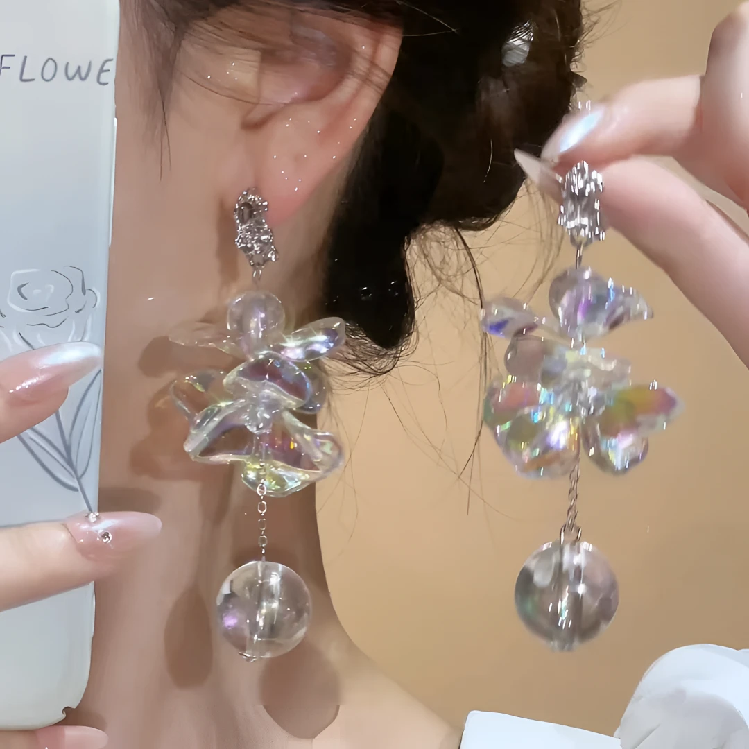 合金耳饰 小众超仙花朵圆珠耳环百搭长款个性仙气夸张设计感耳饰