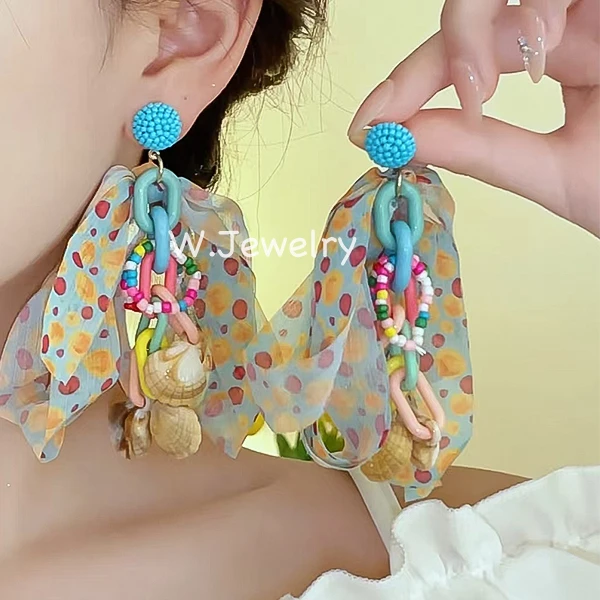合金耳饰 甜美撞色波点蝴蝶结贝壳耳环少女彩色超仙百搭浪漫耳饰