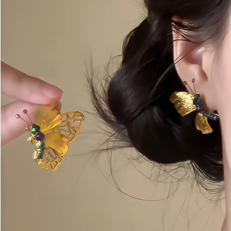 合金耳饰 复古重工水钻蝴蝶耳环百搭气质小众设计感甜美仙气耳饰