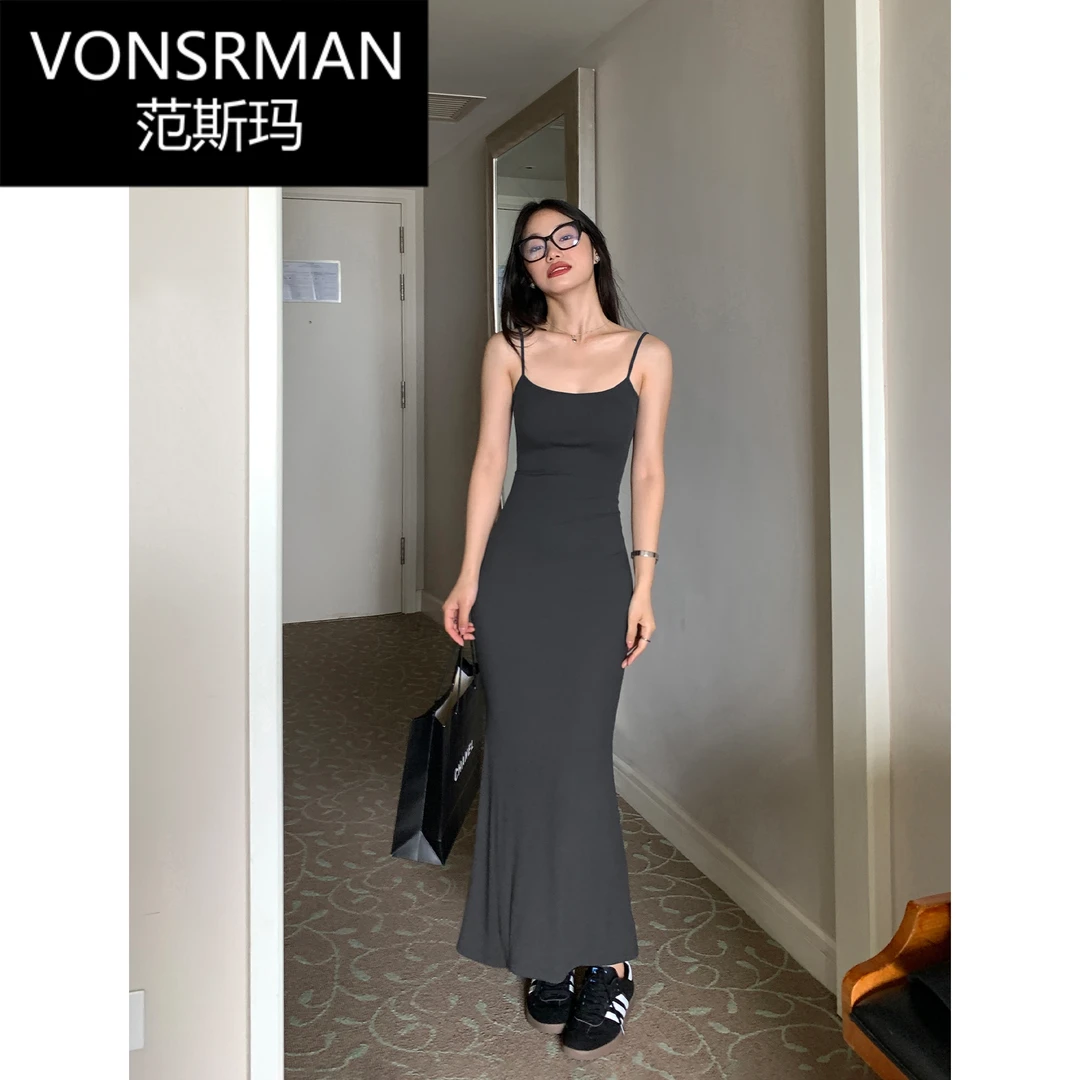 黑色针织吊带连衣裙新款小众长款女款高贵吊带裙上档次遮肚子