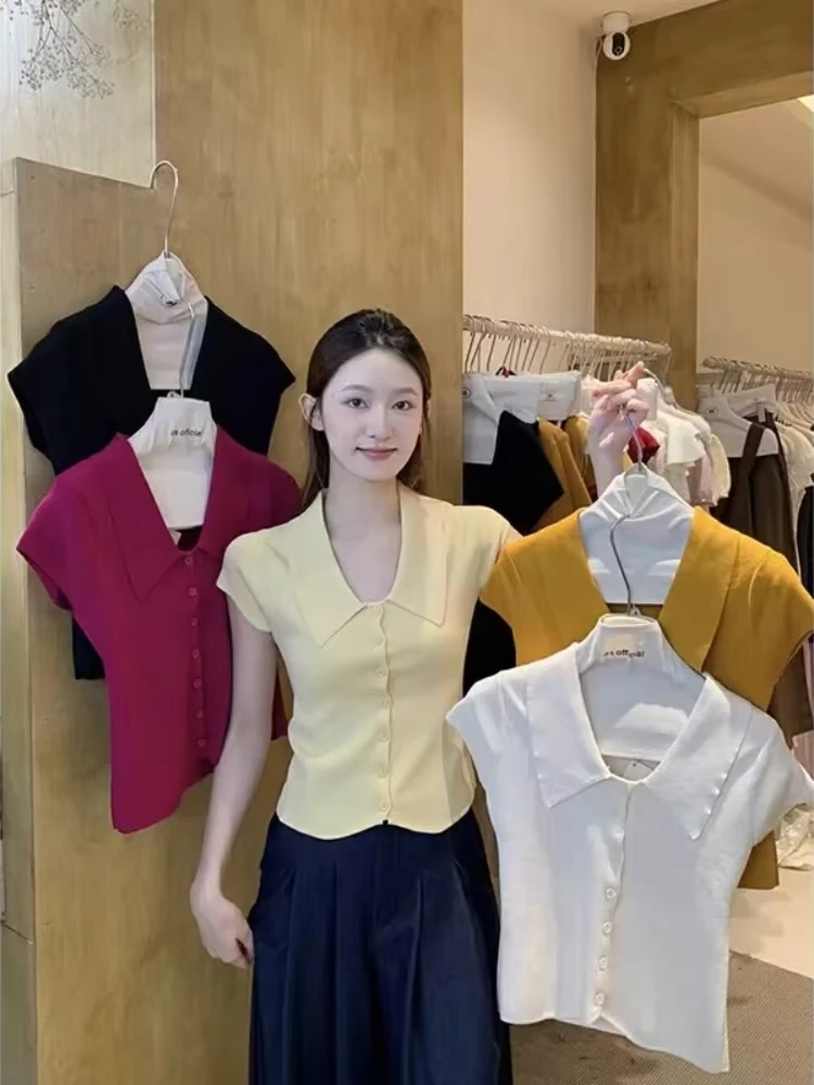 红色正肩polo领冰丝针织短袖T恤女夏季别致修身气质翻领上衣