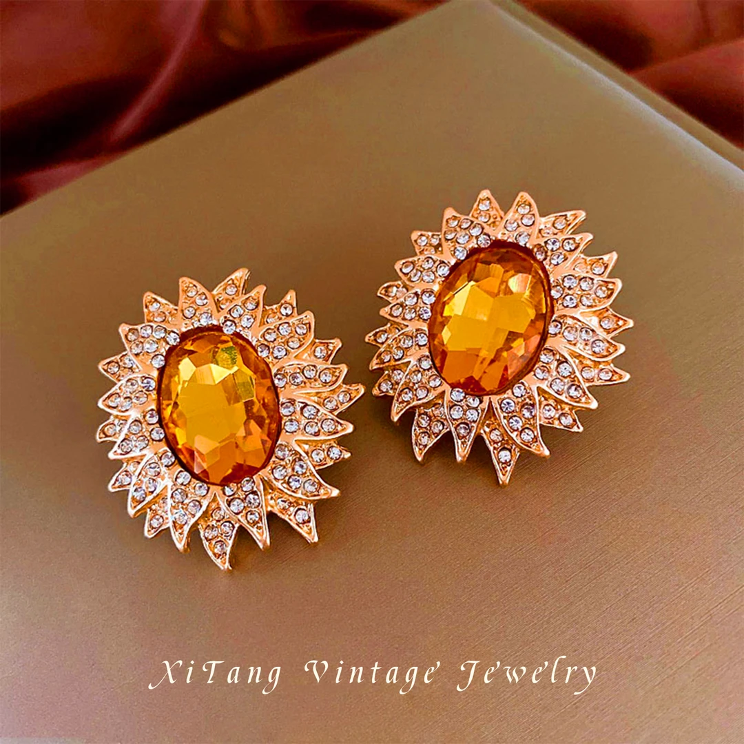 925银耳饰 欧美银针镶钻太阳花耳环复古气质耳钉高级感时尚轻奢