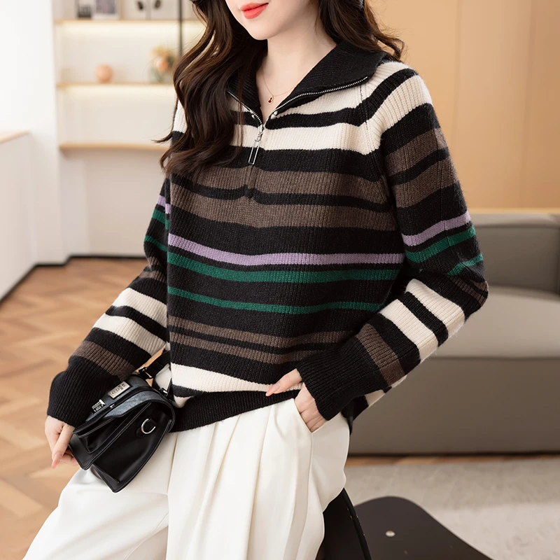 23170-黑色【晶姐优选】针织拉链小方领长袖毛衣条纹套头秋冬打底女