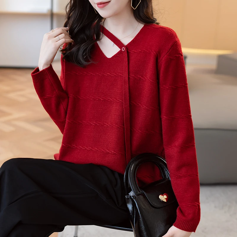 23103-红色【晶姐优选】针织鸡心领长袖毛衣百搭纯色套头秋冬打底
