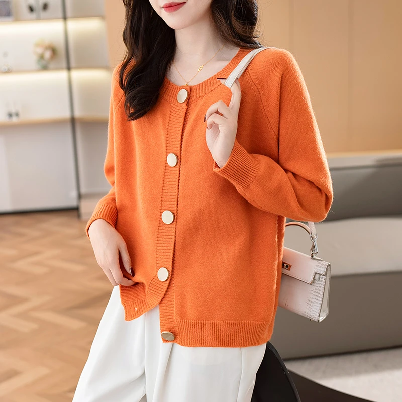 23125-橘色【晶姐优选】针织圆领毛衣纯色外套女秋冬宽松纽扣开衫女