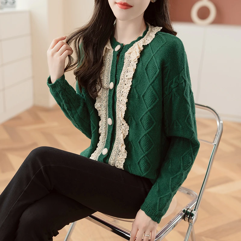 23065-绿色【晶姐优选】针织衫圆领女长袖蕾丝小香风气质开衫外套