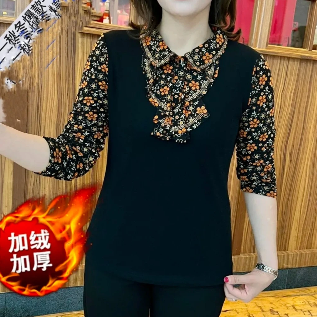 2022秋冬新款时尚娃娃领小碎花上衣女洋气显瘦妈妈装长袖打底衫