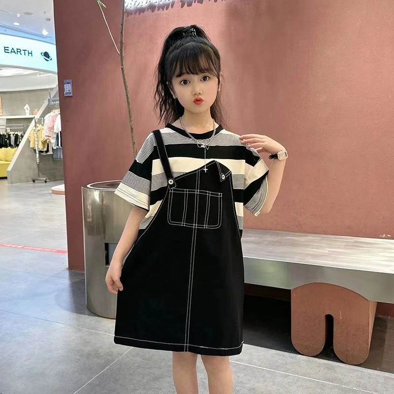 女童假两件连衣裙2025新款夏装中大童韩版洋气裙子儿童薄款A字裙