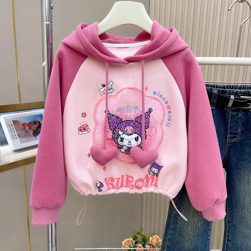 女童卫衣秋冬款2024新款秋装女孩加绒撞色上衣儿童连帽卡通外套潮