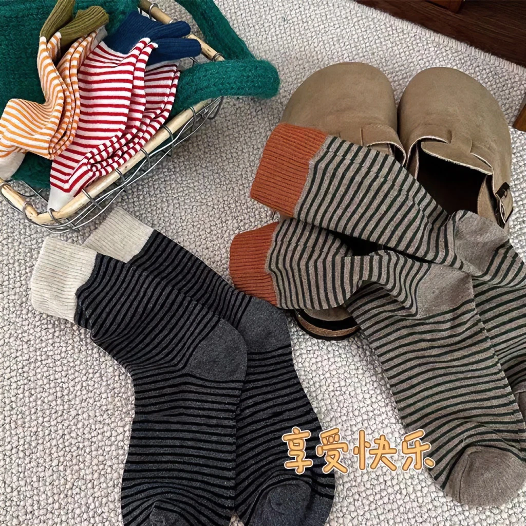 “摩登条纹袜”秋冬必备袜子女秋冬韩国东大门保暖罗口条纹袜女袜