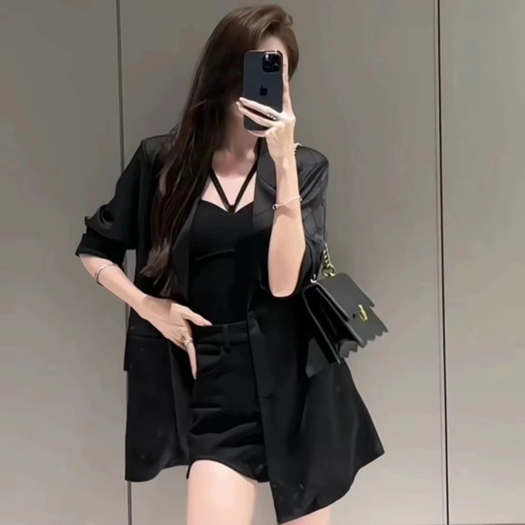 御姐风气质时尚印花西装外套宽松韩版衬衫+背心+显瘦短裤女