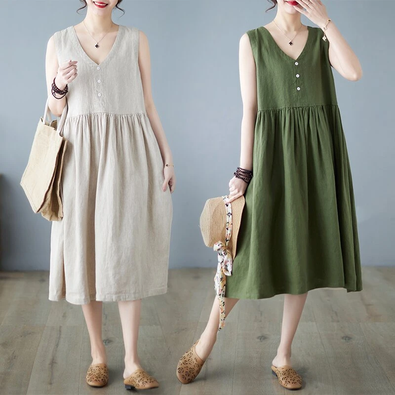 夏季宽松森系背心裙女中长款显瘦V领高腰娃娃裙无袖复古连衣裙