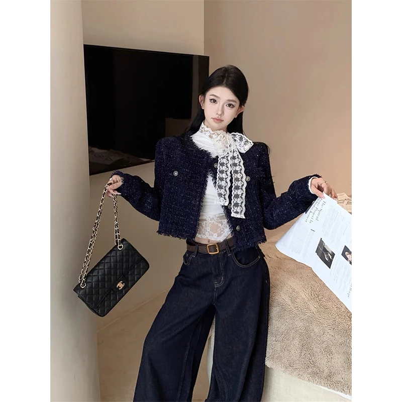 芭比姨小香风外套女早秋穿搭套装高级感蕾丝内搭阔腿牛仔裤三件套