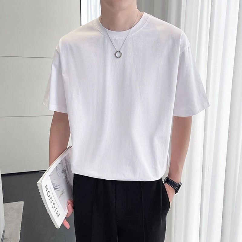 夏季新款白色打底衫圆领简约纯色大码百搭男士男生短袖T恤男半袖