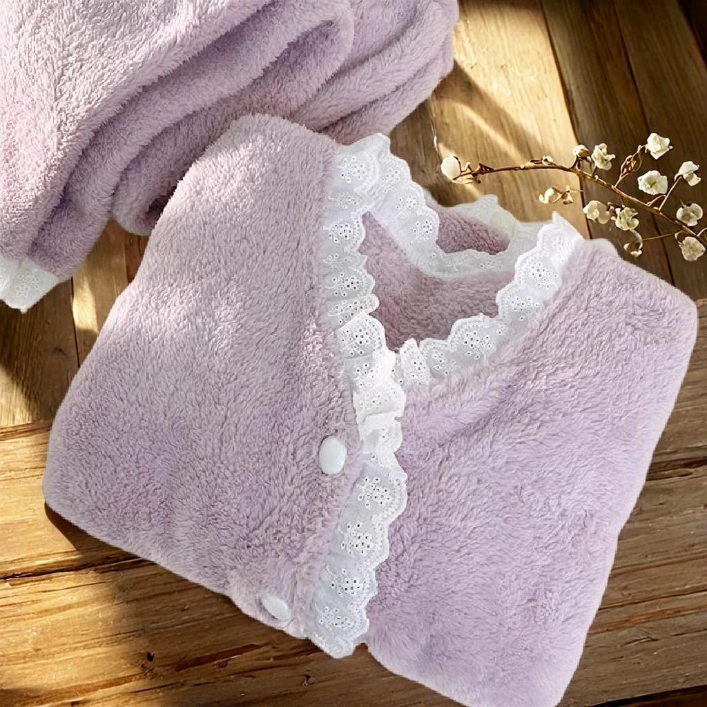 冬季ins甜美珊瑚绒睡衣女蕾丝开衫少女法兰绒家居服